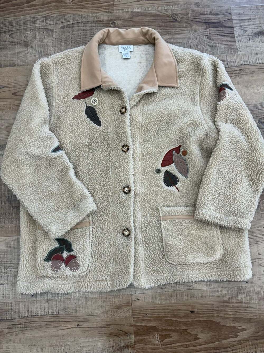 Vintage Teddi Sherpa Fleece Fall Leaf Acorn Embroidered Jacket 2X Cottagecore
